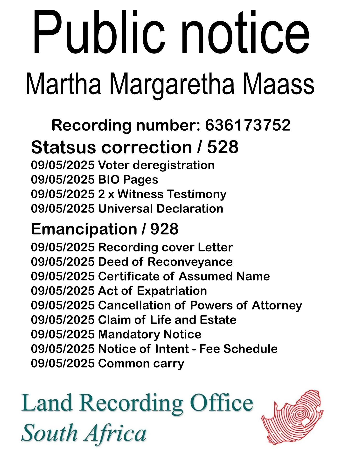 Public Notice Martha Margaretha Maass (c) Recording number 636173752